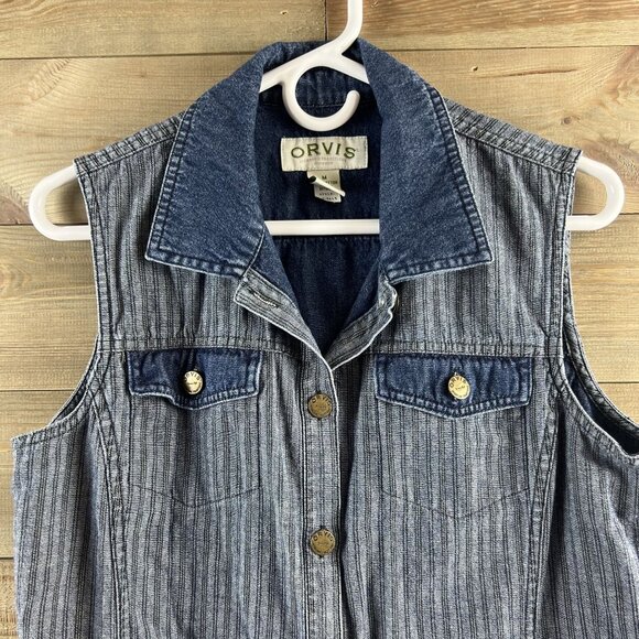 Orvis Womens Vest Denim Button Striped Pockets Cotton Size Medium - Picture 2 of 6